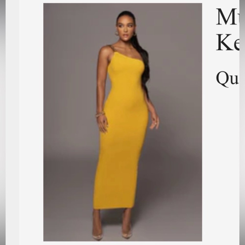 JLUXLABEL LOVE CHAIN KEYHOLE ONE-SHOULDER MUSTARD DRESS